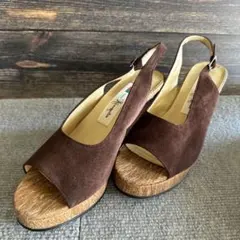 美品　銀座かねまつ　ブラウン スエード オープントゥ サンダル
