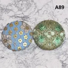 A89インド刺繍リボンくるみボタンヘアゴム38mm２個セット水色　黄緑
