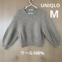 UNIQLOリブ編み オリーブグリーンニット バルーンスリーブMウール100%