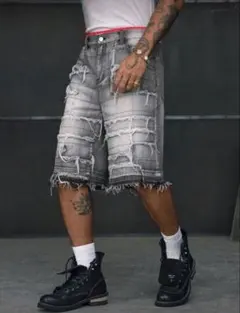 ダメージ加工 グレー デニムショートパンツ