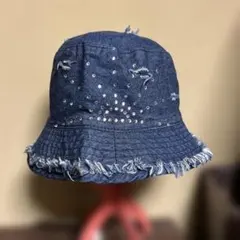 デニム バケットハット ビジュー付き フリンジ