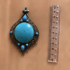 ターコイズブルー ビンテージ風ペンダントトップ　片方のみピアスおまけ