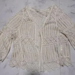 レース編み カーディガン 五分袖 アイボリー フリーサイズ 春 夏