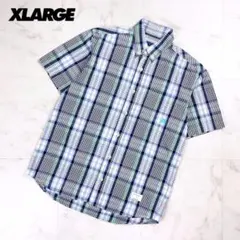 美品 XLARGE チェック柄半袖シャツ ブルー グリーン サイズM*CD381