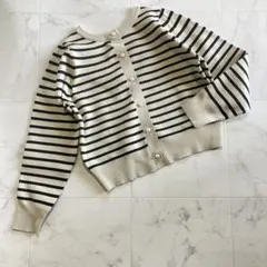 ナノユニバース パールボタン ボーダーカーディガン 上品 春ニット 羽織り F