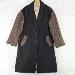 ハリスツイード　チェスターコート　ダークブラウン　千鳥格子　切り替え　Lサイズ