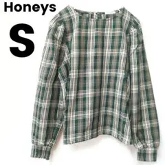 ハニーズ パフスリーブ プルオーバー 緑 チェック ブラウス ボリューム長袖 Ｓ