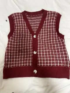 バーガンディ 赤 チェック柄 ニットベスト 冬 春 秋
