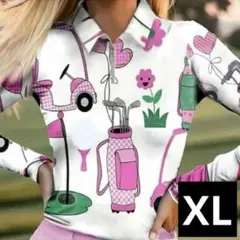 【新品/XLサイズ】ゴルフウェア 長袖 ポロシャツ レディース ホワイト×ピンク