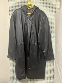 フード付き黒レザーコート 牛本革