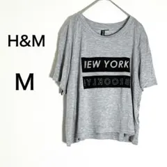 H&M クロップド丈 Tシャツ レーヨン ロゴ プリント グレー M