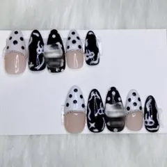 【現品】ネイルチップ 黒 白 ドット リボン チェーン ラメ