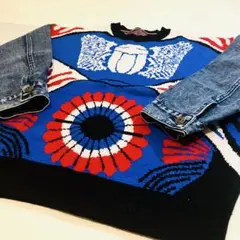 【セール中】vintage風 花柄 古着風ブルーニットセーター デニム袖