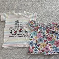 ストライプTシャツと花柄フリルトップスセット