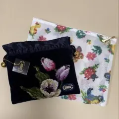 新品　未使用　FEILER 花柄刺繍 ポーチ 黒　箱付き & メッシュポーチ