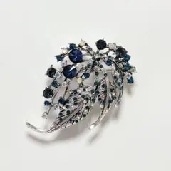 |◤ブローチ◢|✨新品✨　リーフ　葉　ブルー　アンティーク　ラインストーン