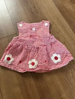 ギンガムチェック　赤白　お花　ノースリーブ　ワンピース