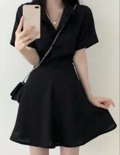 SHEIN DAZY リボンシャツドレス　半袖 フレアスカートミニワンピース