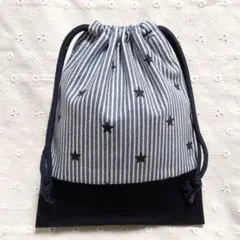 ハンドメイド、星、ストライプ柄の給食袋、巾着袋、コップ入れ、紺色