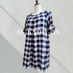 【アズノウアズ】F チュニック ワンピース　ブロックチェック 麻 リネン 半袖
