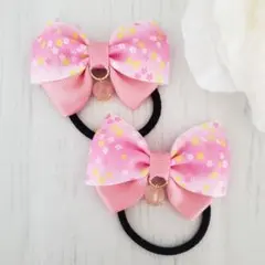 〔ピンク〕和柄リボンのツインヘアゴム／キッズ髪ゴム 子供 ハンドメイド