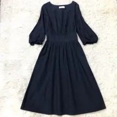 SIMPLICITÉ シンプリシテェ フレアワンピース ネイビー 7分袖ギャザー