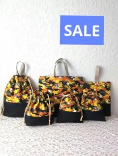 迷彩柄＆ブラック入園入学6点セット、レッスンバック☆上履き袋☆体操着袋、お弁当袋