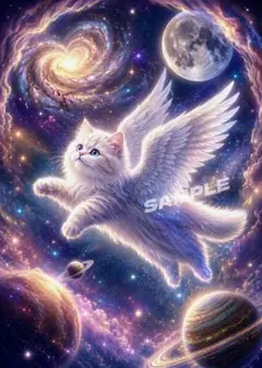 【2枚1000円】星空を翔ける翼の猫　宇宙ヒーリングアート 2L