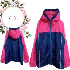 【&life】フード付ナイロンジャケット【L】ドット♡ピンク♡ロゴ♡ジップアップ