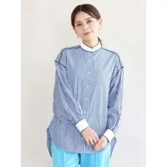 FENNEL フェンネル　スタンドカラー パイピング ストライプシャツ 美品のサムネイル