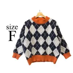 アーガイルニット【フリー】長袖 ブルー オレンジ ゆったり
