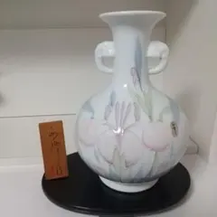 正峰作..花柄持ち手付き陶器花瓶