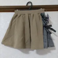 新品ベージュ チェック柄 リボンパンツインスカート120 キュロット