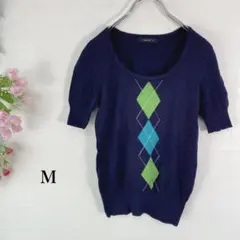 コムサイズム　半袖Uネックニット(M)ネイビー　薄手　伸縮性あり　大人お洒落