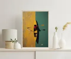 256 北欧 アートポスター カヌー 抽象画 風景画 海 絵画 黄色 緑