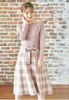 美品✨ウエストりぼん付きスカラネック切替チェック柄ニットワンピース