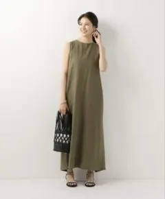 美品 マルティニーク ポンチノースリドレス ロングワンピース カーキ 綿 洗える 美品 マルティニーク ポンチノースリドレス ロングワンピース カーキ