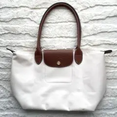 Longchampロンシャンホワイト トートバッグ ブラウンハンドルM