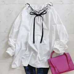 極美品　ユナイテッドアローズ　オーガンジーフリルバイカラーリボン ブラウス　白