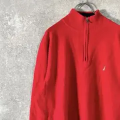 NAUTICA　ニット　セーター　長袖　レッド　ハーフジップ　ハイネック　ロゴのサムネイル