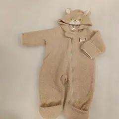 ベージュ クマのフード付きロンパース 50-70