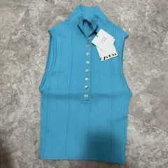 ZARA ノースリーブ リブニット ブルー Mサイズ