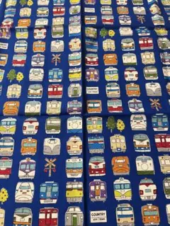 電車柄の青色布地 はぎれ