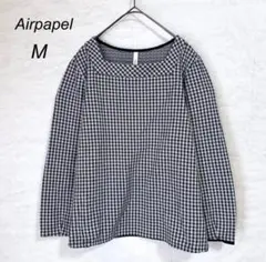 【エアパペル】美品 スクエアネックカットソー(M)紺 チェック柄 ゆったり 薄手のサムネイル