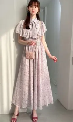 GRL 花柄フリルスリーブボウタイフレアワンピース ピンク