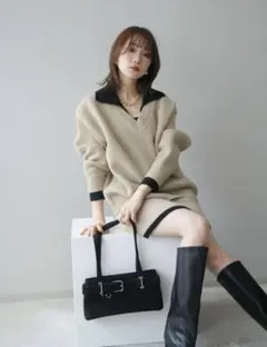 【試着のみ美品】配色襟ニット＆ミニスカート セットアップ /lumier同型