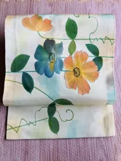 名古屋帯 花柄 青とオレンジ