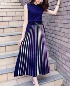 REDYAZEL レディアゼル　配色プリーツニットワンピース　ネイビーラベンダー