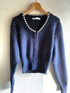 ZARA ネイビー パール装飾 VネックカーディガンSサイズ