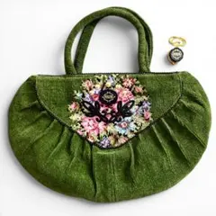 【FEILER フェイラー】フラワー刺繍 グリーン　ハンドバッグのサムネイル